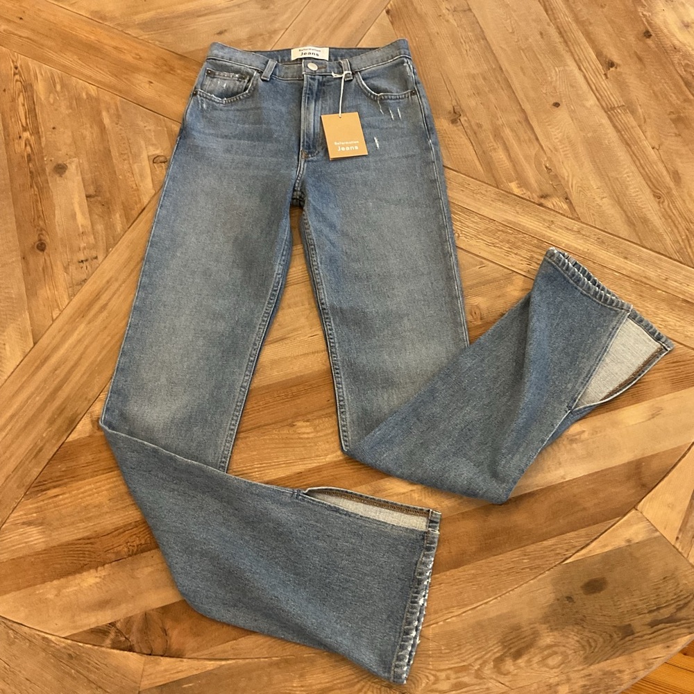 Reformation Perri Jean 25 Lanai Wash High Rise Straight Distressed Raw Hem Denim